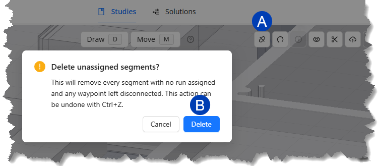 Confirmation dialog asking to delete unassigned segments with options to cancel or delete.